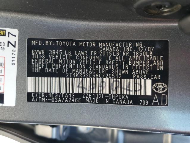 2T1KR32E68C720512 - 2008 TOYOTA COROLLA MA XR GRAY photo 12