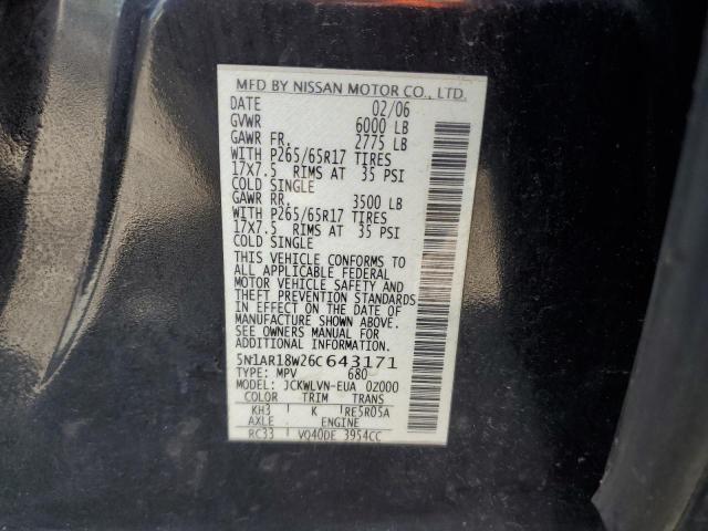 5N1AR18W26C643171 - 2006 NISSAN PATHFINDER LE BLACK photo 13