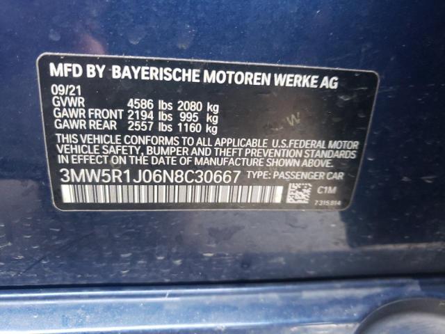 3MW5R1J06N8C30667 - 2022 BMW 330I BLUE photo 12