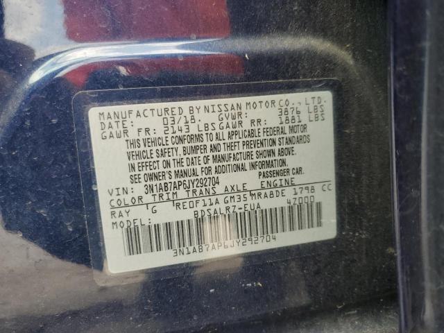 3N1AB7AP6JY292704 - 2018 NISSAN SENTRA S Синий фото 12