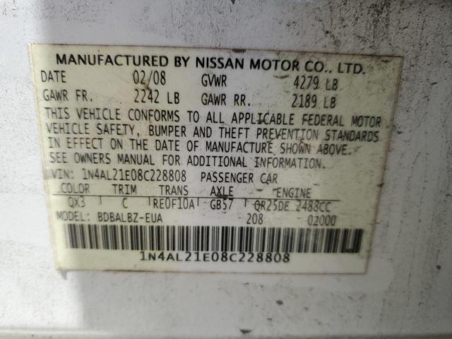 1N4AL21E08C228808 - 2008 NISSAN ALTIMA 2.5 WHITE photo 12