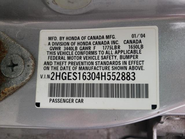 2HGES16304H552883 - 2004 HONDA CIVIC DX VP ვერცხლისფერი ფოტო 12