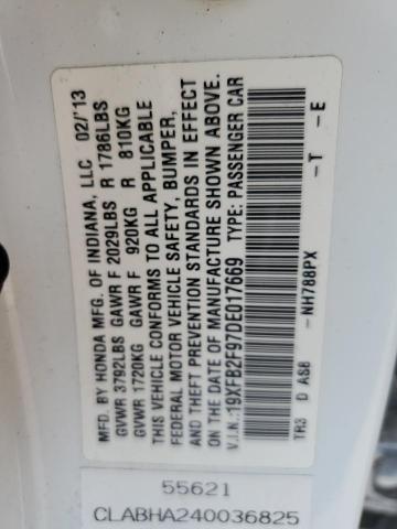 19XFB2F97DE017669 - 2013 HONDA CIVIC EXL თეთრი ფოტო 12
