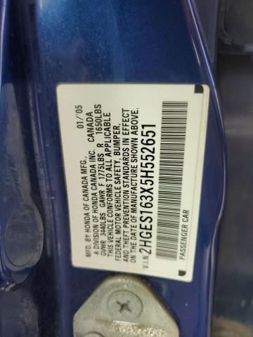 2HGES163X5H552651 - 2005 HONDA CIVIC DX VP Կապույտ լուսանկար 12