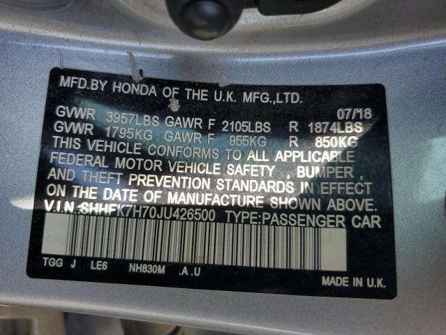 SHHFK7H70JU426500 - 2018 HONDA CIVIC EXL GRAY photo 12