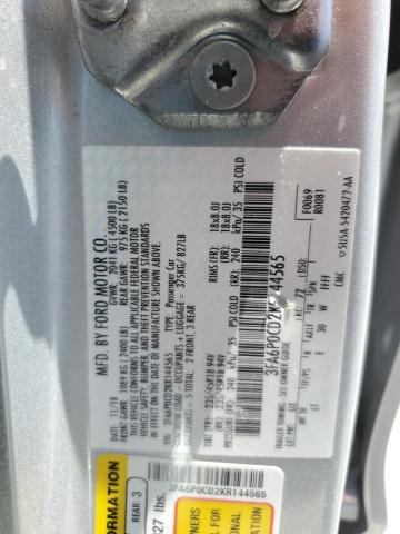 3FA6P0CD2KR144565 - 2019 FORD FUSION SEL SILVER photo 12