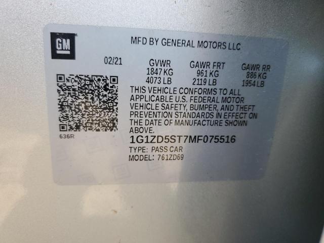 1G1ZD5ST7MF075516 - 2021 CHEVROLET MALIBU LT SILVER photo 12