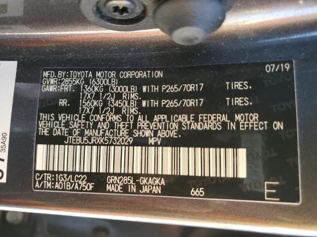 JTEBU5JRXK5732029 - 2019 TOYOTA 4RUNNER SR5 GRAY photo 10