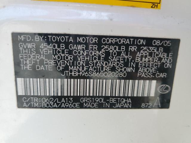 JTHBH96S865020280 - 2006 LEXUS GS 300 WHITE photo 12