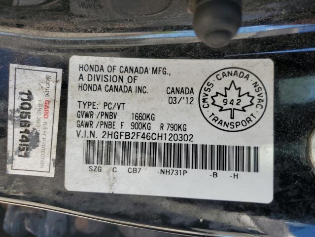 2HGFB2F46CH120302 - 2012 HONDA CIVIC LX Чорний фото 12