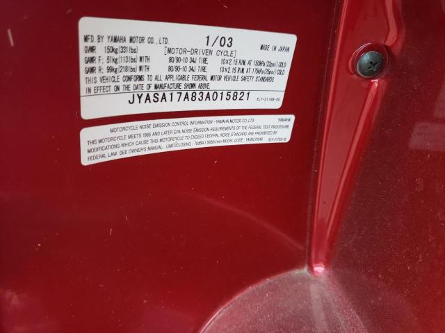 JYASA17A83A015821 - 2003 YAMAHA YJ50 RED photo 10