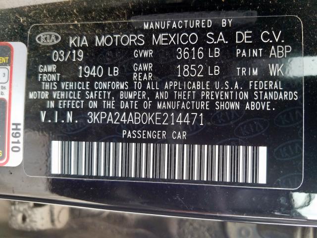 3KPA24AB0KE214471 - 2019 KIA RIO S BLACK photo 10