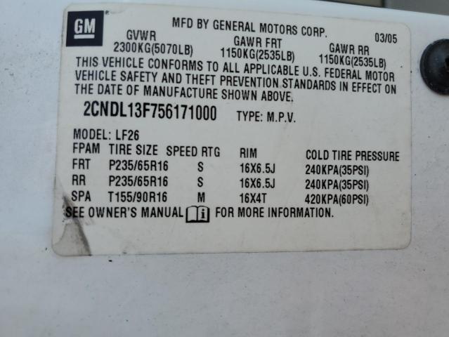 2CNDL13F756171000 - 2005 CHEVROLET EQUINOX 4D LS WHITE photo 14