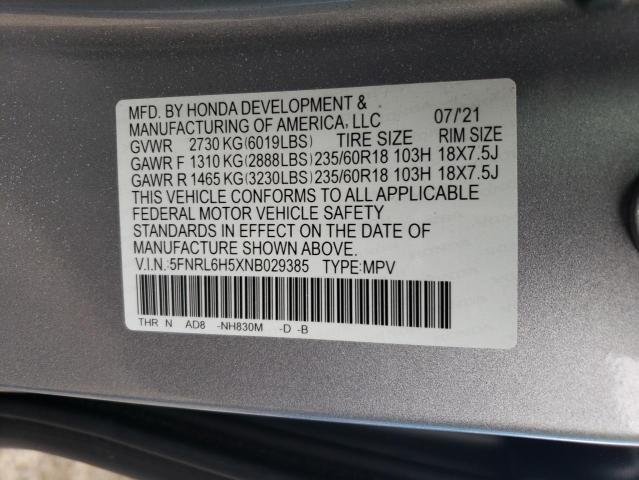 5FNRL6H5XNB029385 - 2022 HONDA ODYSSEY EX GRAY photo 12