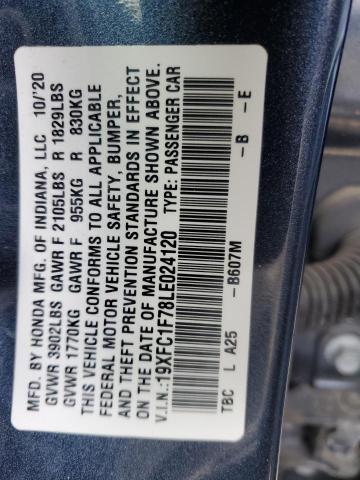 19XFC1F78LE024120 - 2020 HONDA CIVIC EXL Modrá fotografie 12