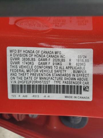 2HGFE2F20RH572227 - 2024 HONDA CIVIC LX 红色 照片 12