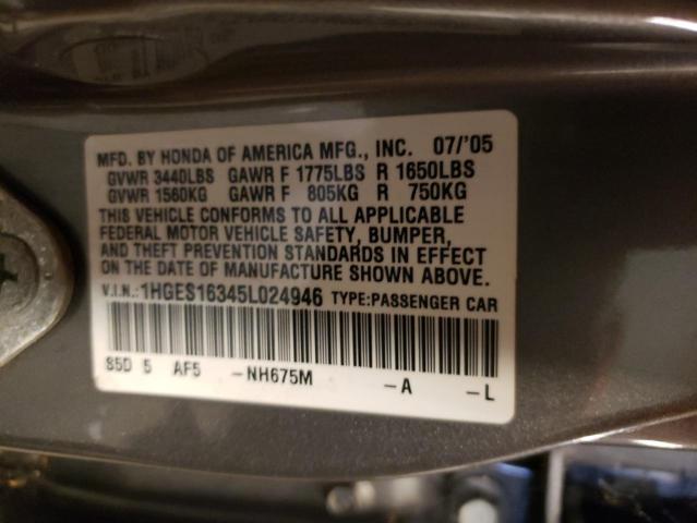 1HGES16345L024946 - 2005 HONDA CIVIC DX VP Grafit foto 12