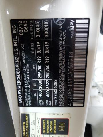 4JGDA5HB3CA057918 - 2012 MERCEDES-BENZ ML 350 4MATIC WHITE photo 13