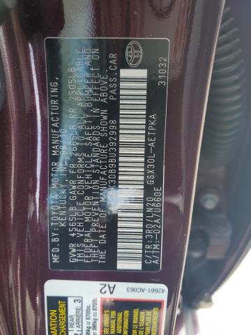 4T1BK3DB9BU392998 - 2011 TOYOTA AVALON BASE 勃艮第红 照片 12