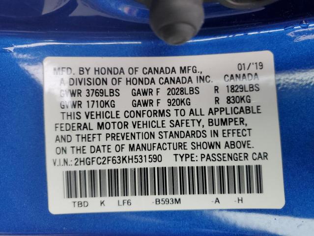 2HGFC2F63KH531590 - 2019 HONDA CIVIC LX BLUE photo 12