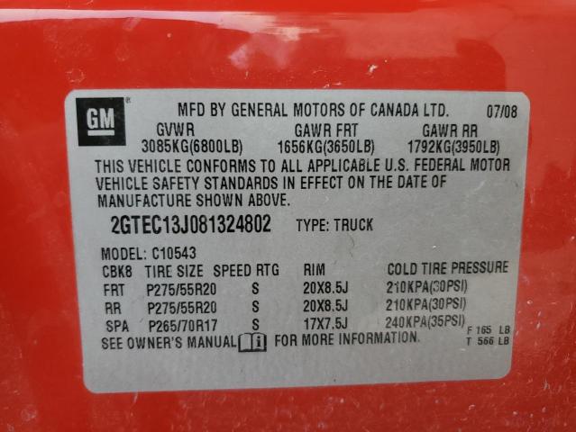 2GTEC13J081324802 - 2008 GMC SIERRA C1500 RED photo 13