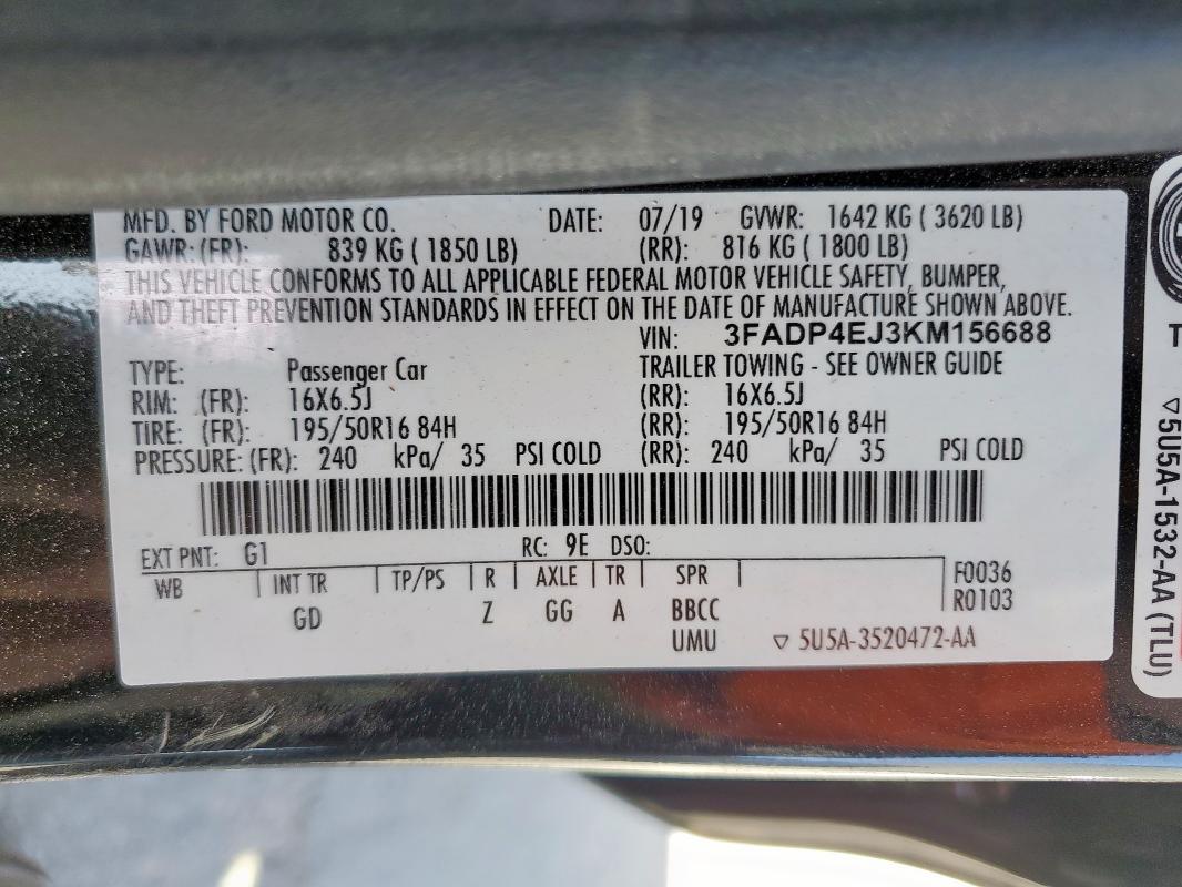 3FADP4EJ3KM156688 - 2019 FORD FIESTA SE Schwarz Foto 12