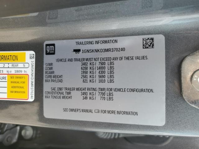 1GNSKNKD3MR370240 - 2021 CHEVROLET TAHOE K1500 LT GRAY photo 14