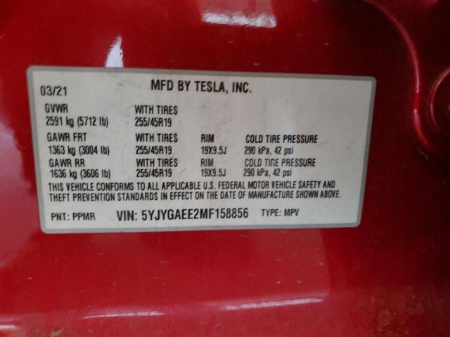 5YJYGAEE2MF158856 - 2021 TESLA MODEL Y Qırmızı foto 12