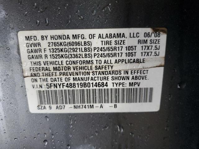 5FNYF48819B014684 - 2009 HONDA PILOT TOURING GRAY photo 14