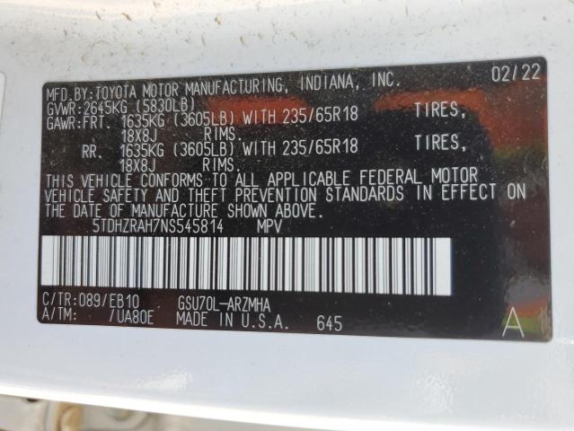 5TDHZRAH7NS545814 - 2022 TOYOTA HIGHLANDER XLE Սպիտակ լուսանկար 13