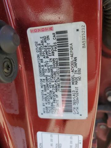 JTDBE32K120129863 - 2002 TOYOTA CAMRY LE RED photo 12