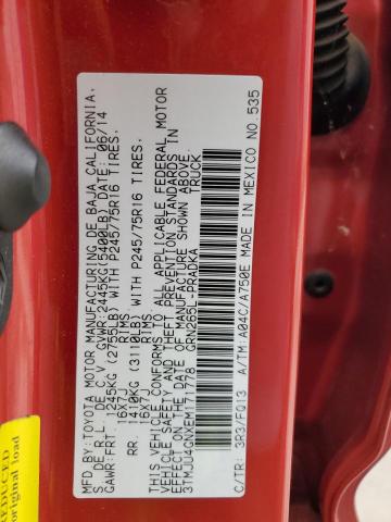 3TMJU4GNXEM171778 - 2014 TOYOTA TACOMA DOUBLE CAB PRERUNNER RED photo 12