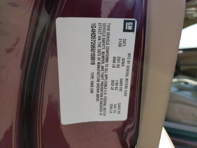 1G4HD57296U159818 - 2006 BUICK LUCERNE CXL BURGUNDY photo 10