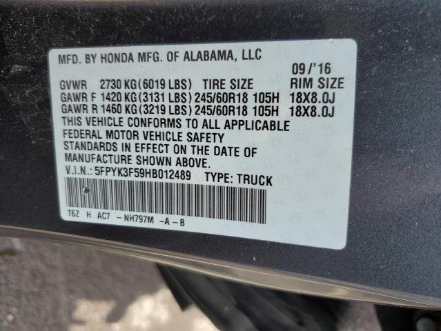 5FPYK3F59HB012489 - 2017 HONDA RIDGELINE RTL GRAY photo 12