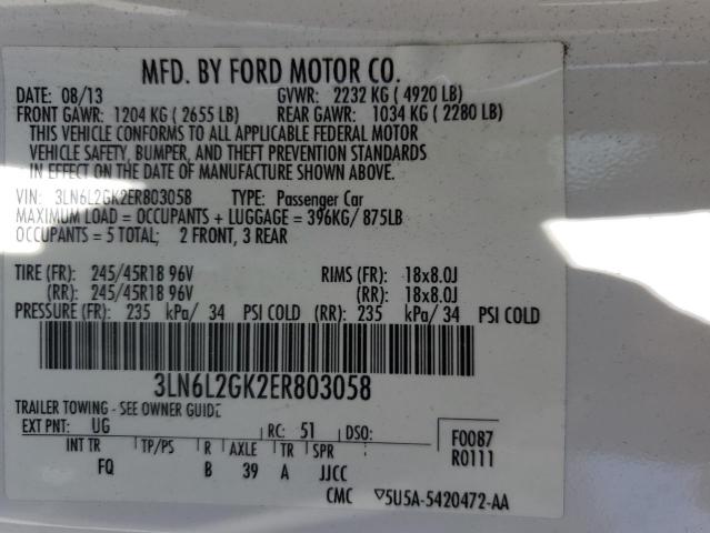 3LN6L2GK2ER803058 - 2014 LINCOLN MKZ 白色 照片 13