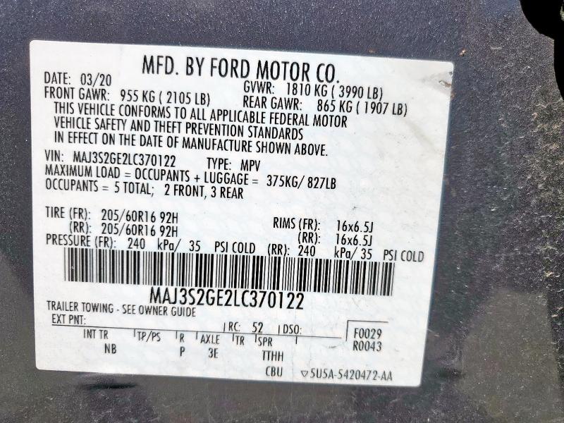 MAJ3S2GE2LC370122 - 2020 FORD ECOSPORT SE 灰色 照片 14