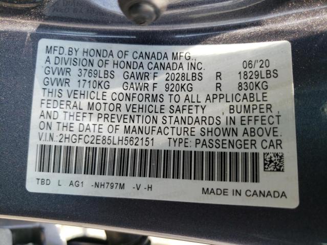 2HGFC2E85LH562151 - 2020 HONDA CIVIC SPORT 灰色 照片 12