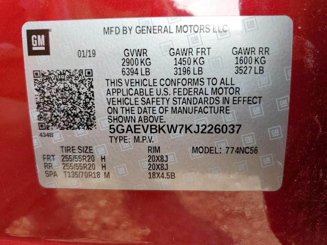 5GAEVBKW7KJ226037 - 2019 BUICK ENCLAVE PREMIUM RED photo 14