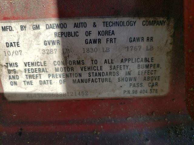 KL1TD66638B121452 - 2008 CHEVROLET AVEO BASE BURGUNDY photo 12