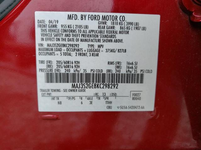 MAJ3S2GE8KC298292 - 2019 FORD ECOSPORT SE RED photo 14