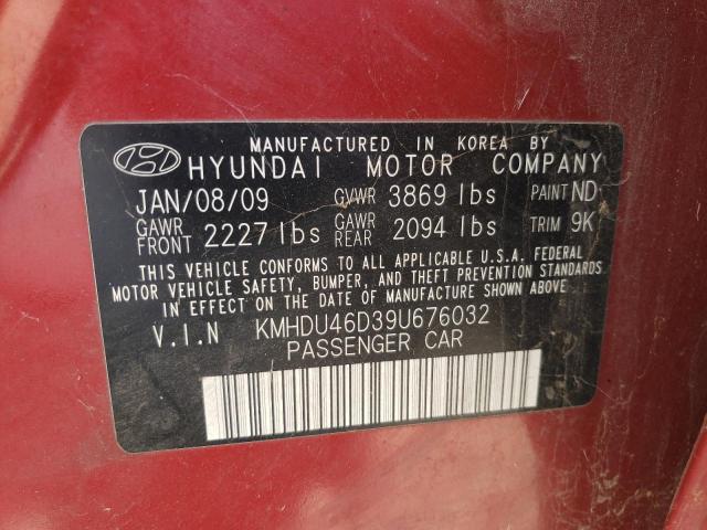 KMHDU46D39U676032 - 2009 HYUNDAI ELANTRA GLS RED photo 12