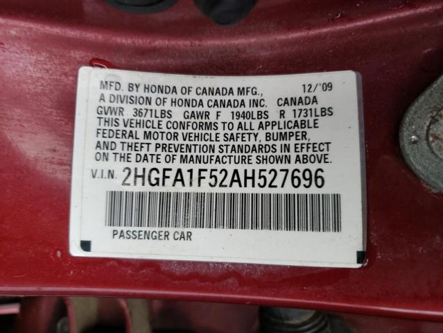 2HGFA1F52AH527696 - 2010 HONDA CIVIC LX RED photo 13