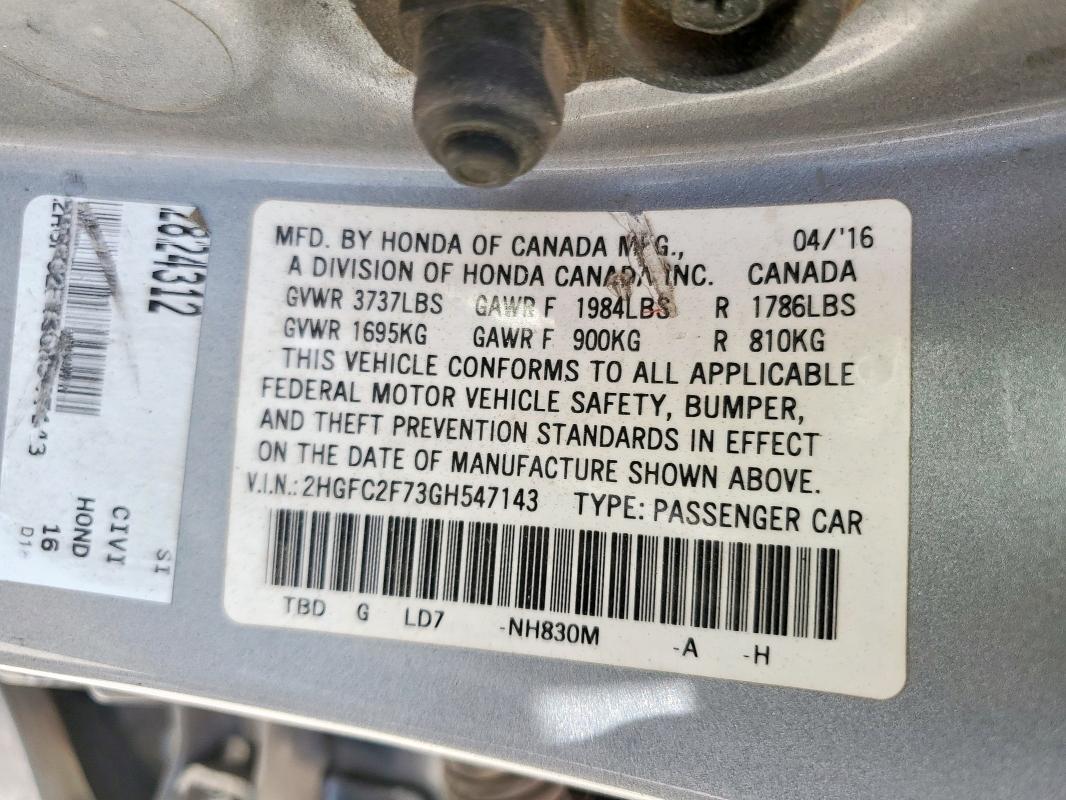 2HGFC2F73GH547143 - 2016 HONDA CIVIC EX SILVER photo 12