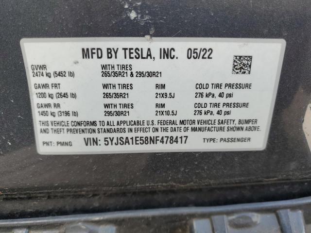 5YJSA1E58NF478417 - 2022 TESLA MODEL S ნაცრისფერი ფოტო 13