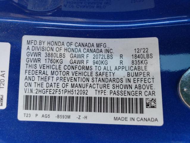 2HGFE2F51PH512092 - 2023 HONDA CIVIC SPORT ლურჯი ფოტო 12