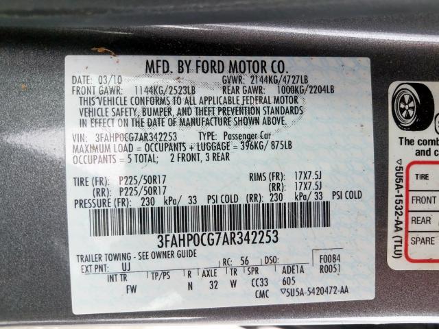 3FAHP0CG7AR342253 - 2010 FORD FUSION SEL  photo 10