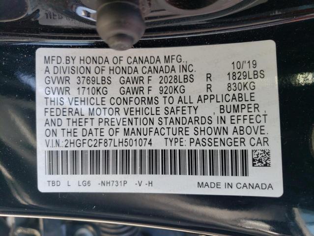 2HGFC2F87LH501074 - 2020 HONDA CIVIC SPORT 黑色 照片 12