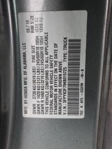 5FPYK3F79KB015725 - 2019 HONDA RIDGELINE RTL GRAY photo 12