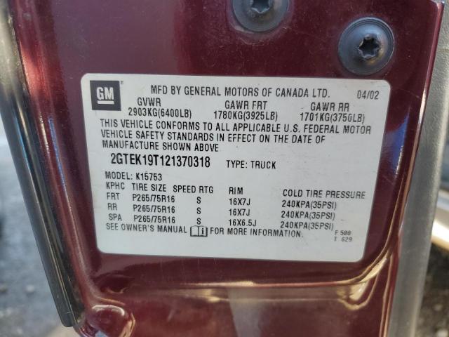 2GTEK19T121370318 - 2002 GMC NEW SIERRA K1500 BURGUNDY photo 10