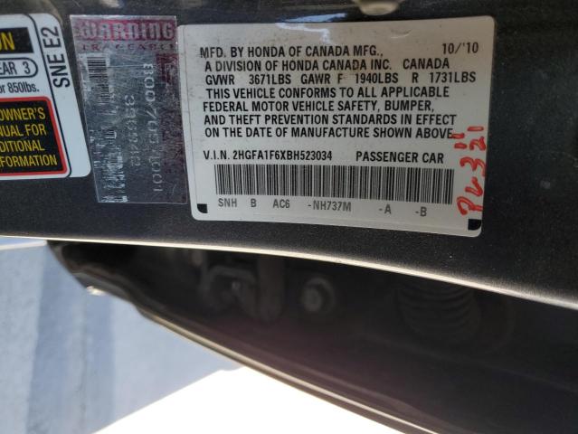 2HGFA1F6XBH523034 - 2011 HONDA CIVIC LX-S Մոխրագույն լուսանկար 12